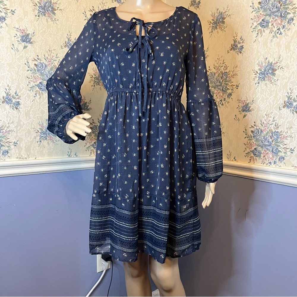 Mudd Navy Floral Print Cottagecore Puff Sleeve Semi-Sheer Dress, Size M, NWT